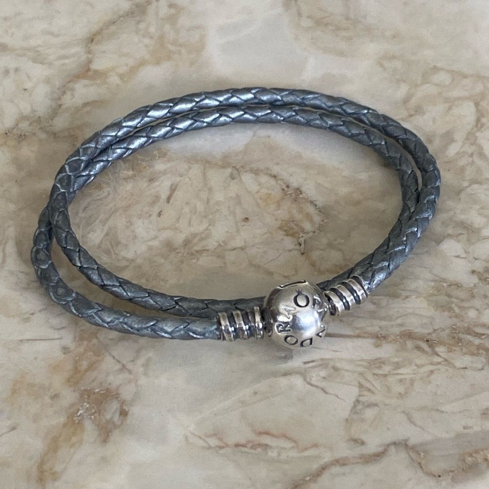 Pandora Moments Double Grey Leather Bracelet 925 Sterling Silver Round Clasp